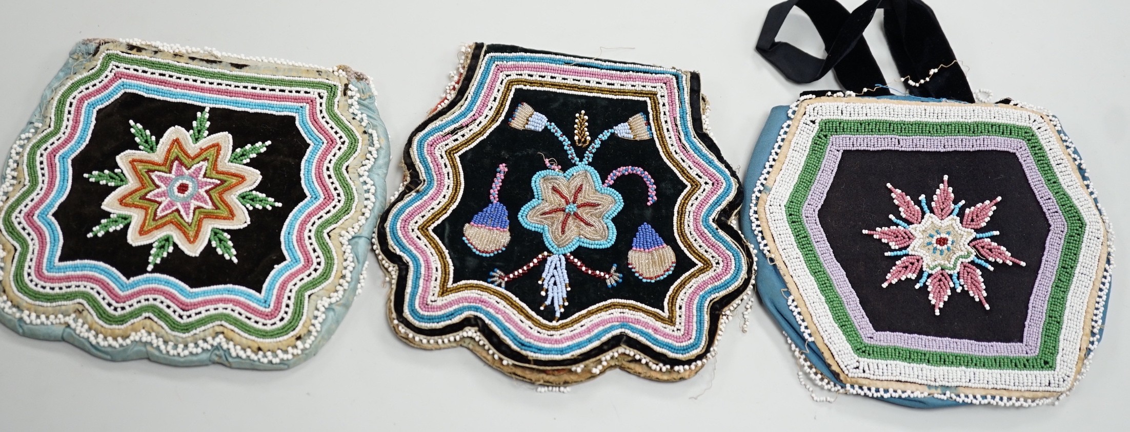 Three mid to late 19th century, Haudenosaunee (Iroquois) Grand River Reserve, native North American/Canadian fine glass beadwork and silk bags